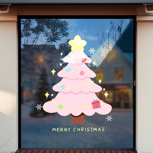Pink Christmas tree window sticker with Merry Christmas text and festive winter background