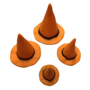 Detailed view of four orange Halloween mini wizard hats in different sizes for DIY crafts