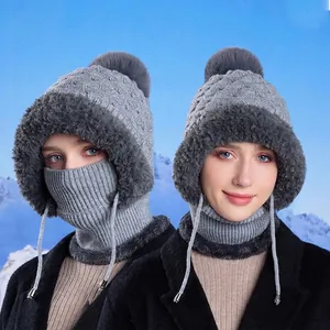 Winter knit fleece hat and neck warmer set with ear flaps and pompom in dark grey