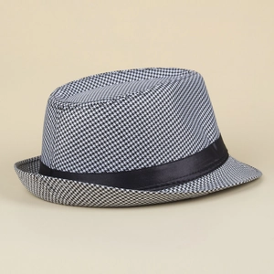 Detailed side view of houndstooth fedora hat with a black satin band decoration