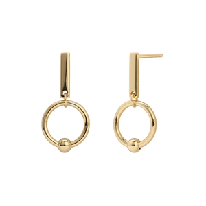 Detailed view of geometric hollow double-loop earrings in a high-shine golden finish