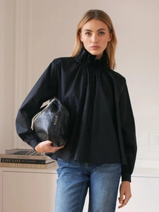 Elegant black long-sleeve blouse with high pleated collar and ruffles for women