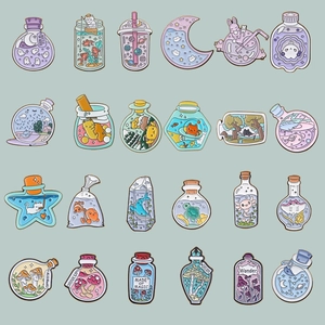 Creative enamel pin collection featuring 24 unique drift bottle and animal illustrations