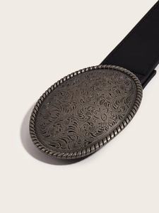 Punk style belt with vintage floral buckle featuring antique silver texture and black strap