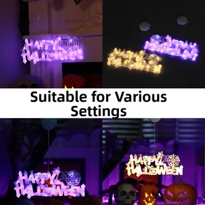 LED Happy Halloween hanging sign with spider web and pumpkin motifs in warm and purple light