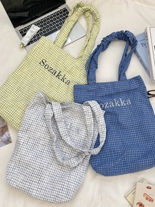 Plaid canvas tote bag with elastic ruched handles and stylish lettering for women