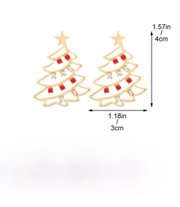 Detailed view of rhinestone Christmas tree earrings showing dimensions 4cm x 3cm and weight