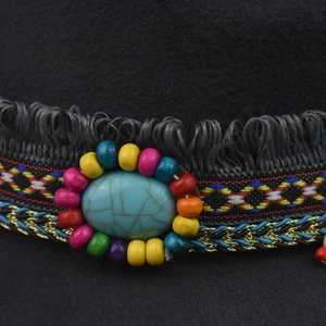 Black wool felt fedora with colorful woven band, turquoise stone, and beaded accents