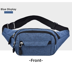 Front detail of blue multi-pocket oxford cloth waist bag with adjustable nylon strap