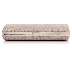 Detail of glitter fabric texture and champagne gold metal frame on rectangle evening clutch