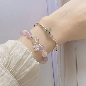 Elegant opal butterfly stretch bracelets with purple crystal beads and silver floral charms