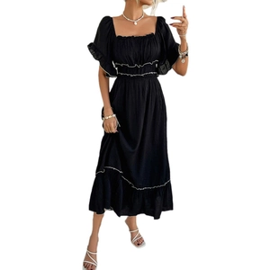 Bohemian black square neck midi dress with puff sleeves and white contrast stitching detail