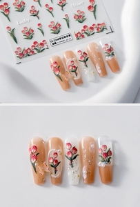 Detail of 3D embossed floral nail stickers featuring tulips and Lucky lettering