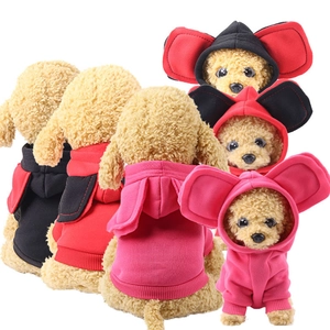 Cartoon dog hoodie with large round ears and ribbed cuffs for small pets in black and red
