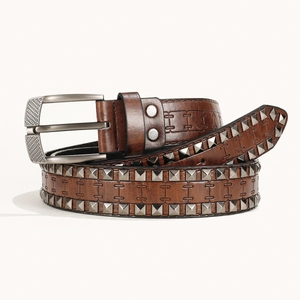 Ceinture en cuir marron avec clous pyramidaux et boucle rétro pour hommes femmes