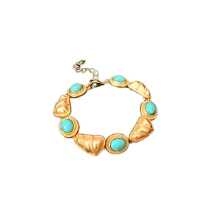 Bracelet vintage plaqué or avec cinq pierres turquoise ovales et chaîne à maillons texturés