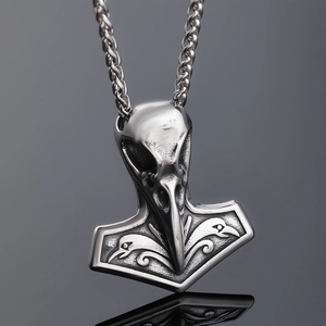Men's vintage Viking raven skull Thor's hammer pendant in antique silver stainless steel