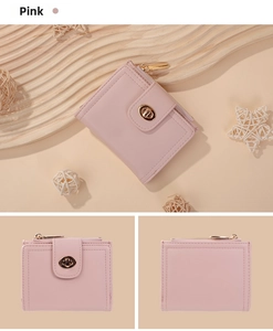 Pink minimalist short zipper wallet with gold twist lock and smooth leather texture