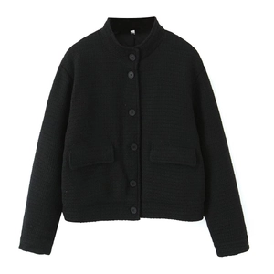 Women's black tweed short jacket with stand collar and single-breasted buttons in flat lay