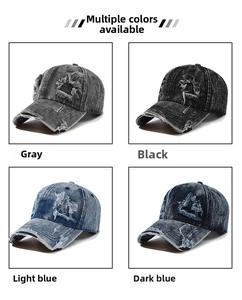 Distressed denim baseball cap set showing grey, black, light blue, and dark blue options