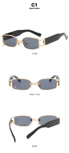 Three-way view of narrow rectangle sunglasses with gold metal frame and ring detail