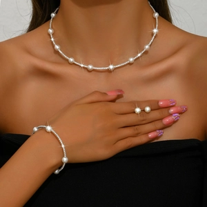 Elegant Faux Artificial Pearl Rhinestone Necklace Bracelet Earrings Bridal Wedding Jewelry Copper French Style For Women