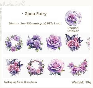 Macro detail of PET decorative tape featuring purple rose and butterfly floral patterns