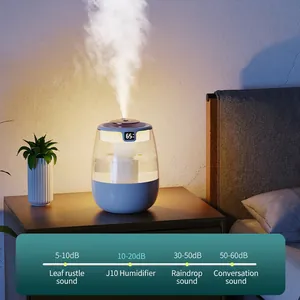 Silent desktop USB humidifier J10 with LED display and large mist on a bedside table