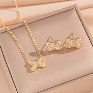 Cross-shaped crystal inlaid titanium steel necklace and earrings set in a gift box