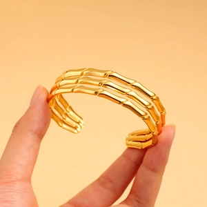 Fashionable triple-layered bamboo joint gold-plated stainless steel open cuff bracelet