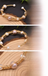 Detailed macro of handmade 18K gold plated wire wrapped bracelet with freshwater pearls