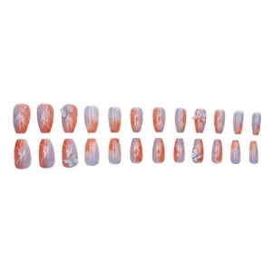 Orange and light blue gradient press-on nails with 3D butterfly charms, 24-piece set