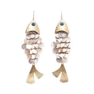 Bohemian gold metal fish earrings with shell tassels on a clean white background