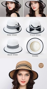 Detail view of foldable straw sun hat with wide brim, bow accent and striped ribbon trim