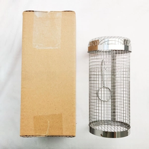 Detail view of the stainless steel mesh grilling basket and corrugated packaging box