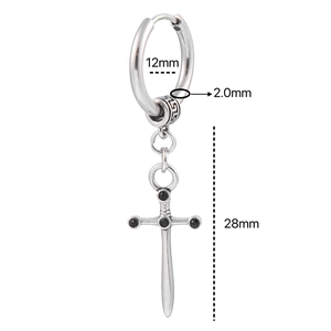 Silver stainless steel cross sword drop earrings with 12mm inner diameter dimensions