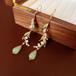 Lily Of The Valley Drop Earrings Enamel Leaf Green Water Drop Resin Flower With Silver Earring Post French Vintage