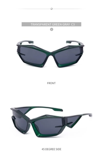 Cyberpunk Y2K sunglasses in transparent green frame with gray lenses, front and side view
