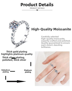 Detail of S925 sterling silver moissanite ring showing 6-prong setting and side accent stones