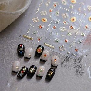 5D Embossed Nail Art Stickers Bohemian Retro Gold Sun Moon Star Self Adhesive Manicure Decoration Faux Gem Design