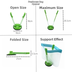 Adjustable green food bag holder stand showing folded and extended sizes for storage