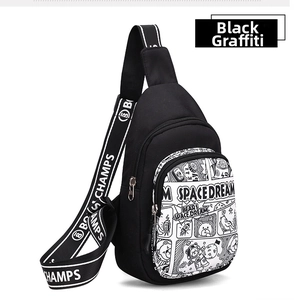 Detail of children's black crossbody chest bag with space bear graffiti and branded straps