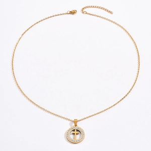 Gold geometric round cross pendant necklace with sparkling rhinestones for women