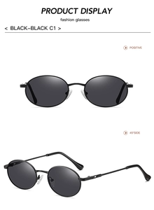 Vorder- und Seitenansicht der Vintage Ovalen schwarzen Metallsonnenbrille mit Ausschnitt