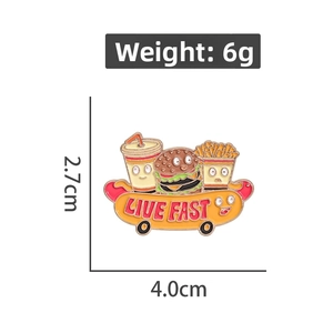 Detailed view of enamel hamburger and fries pin with LIVE FAST text and dimensions