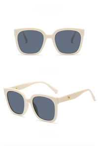 Close-up views of cream white square frame sunglasses with grey polarized lenses