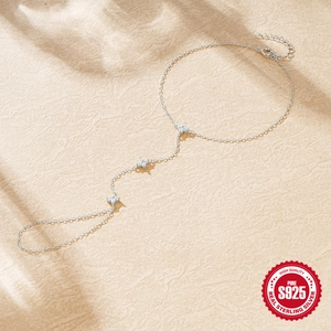 S925 sterling silver finger chain bracelet with sparkling clover flowers and crystals