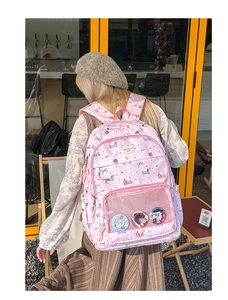 Pink student backpack with cartoon dachshund print and transparent display pocket