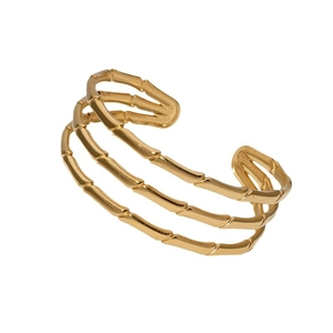 Bracelet jonc ouvert multicouche en plaqué or motif bambou pour femme style minimaliste