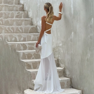 Elegant white backless mermaid dress with mesh splicing and shoulder strap detail